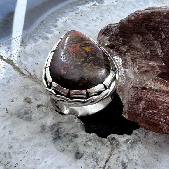 Sterling Southwestern Style Teardrop Moroccan Seam Agate Ring S 6.5 For Women - Picture 3 of 10